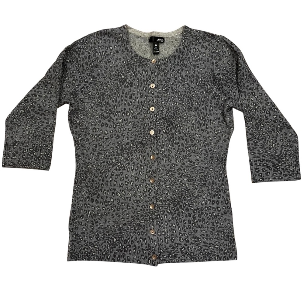 AQUA 100% Cashmere Leopard Print Cardigan Sweater Gray Size S